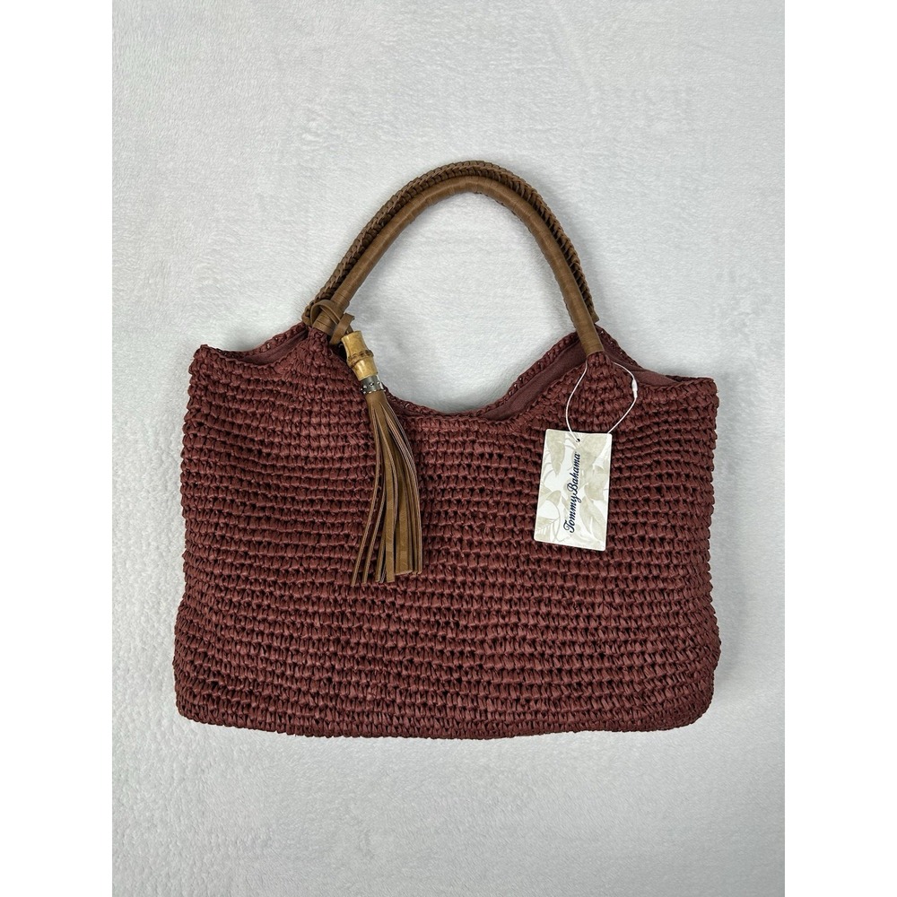 NWT Tommy Bahama Raffia Straw Tote Shoulder Bag Brown Leather Handles Large